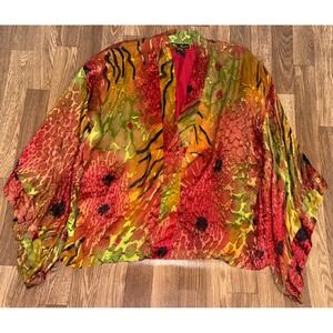 Mirasol Silk Blend Burnout Velvet Kimono Jacket Animal Print Red Orange Large